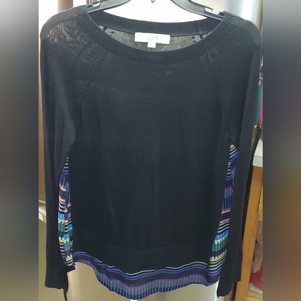 Womans LOFT with Silk Black Sweater with Multicolor Stripes Size Small